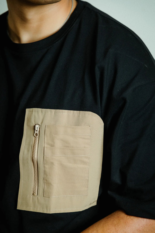 Men’s Black Oversized Cotton T-Shirt with Utility Beige Zip Pocket