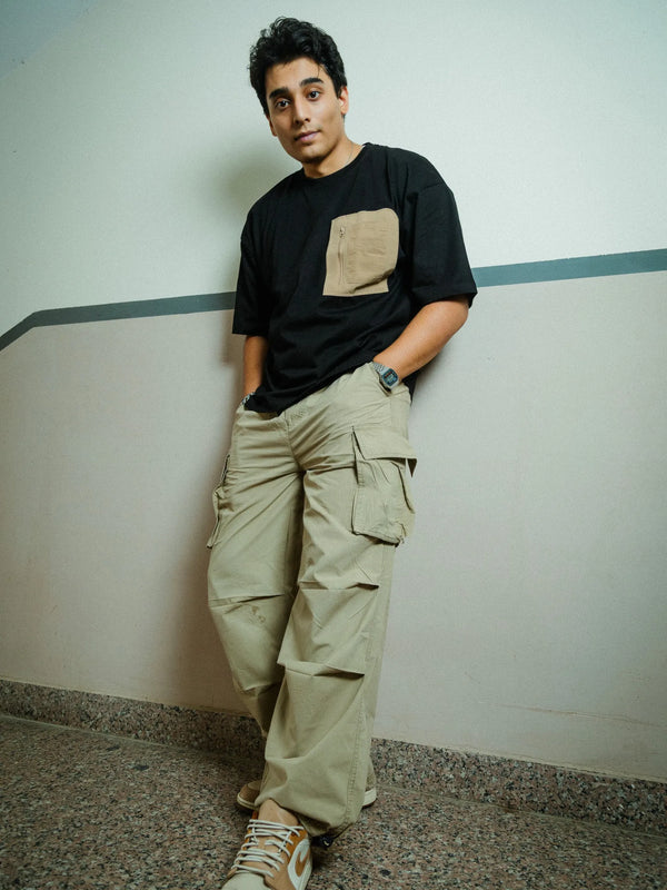 Men’s Black Oversized Cotton T-Shirt with Utility Beige Zip Pocket