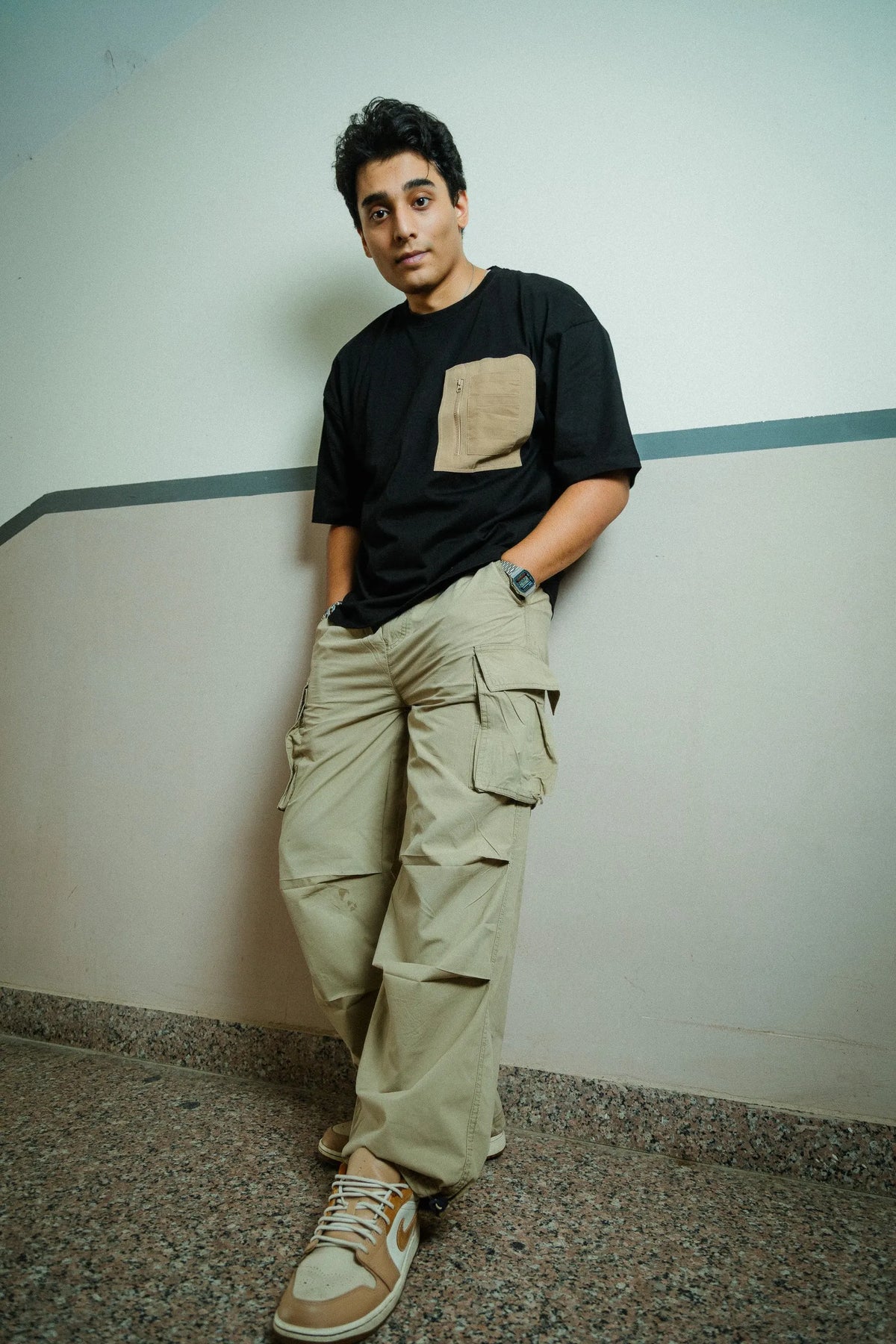 Men’s Black Oversized Cotton T-Shirt with Utility Beige Zip Pocket