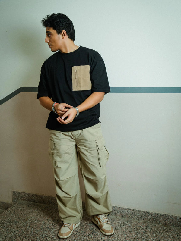 Men’s Black Oversized Cotton T-Shirt with Utility Beige Zip Pocket