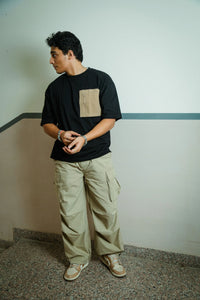 Men’s Black Oversized Cotton T-Shirt with Utility Beige Zip Pocket