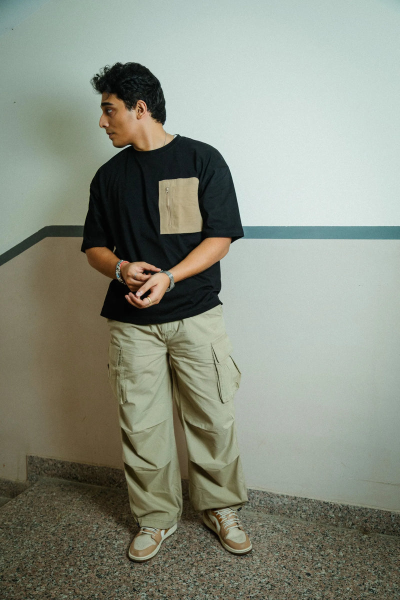 Men’s Black Oversized Cotton T-Shirt with Utility Beige Zip Pocket