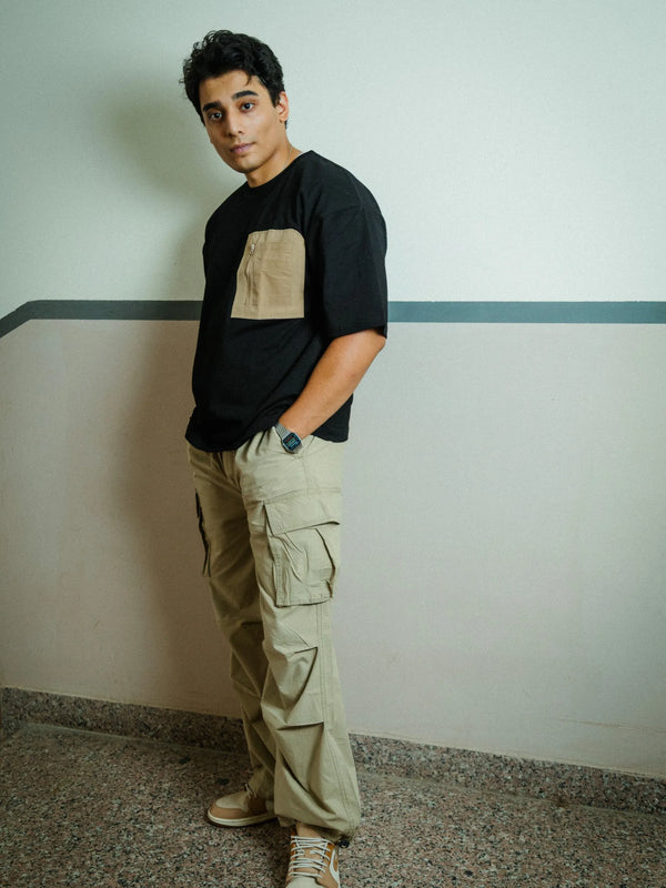 Men’s Black Oversized Cotton T-Shirt with Utility Beige Zip Pocket