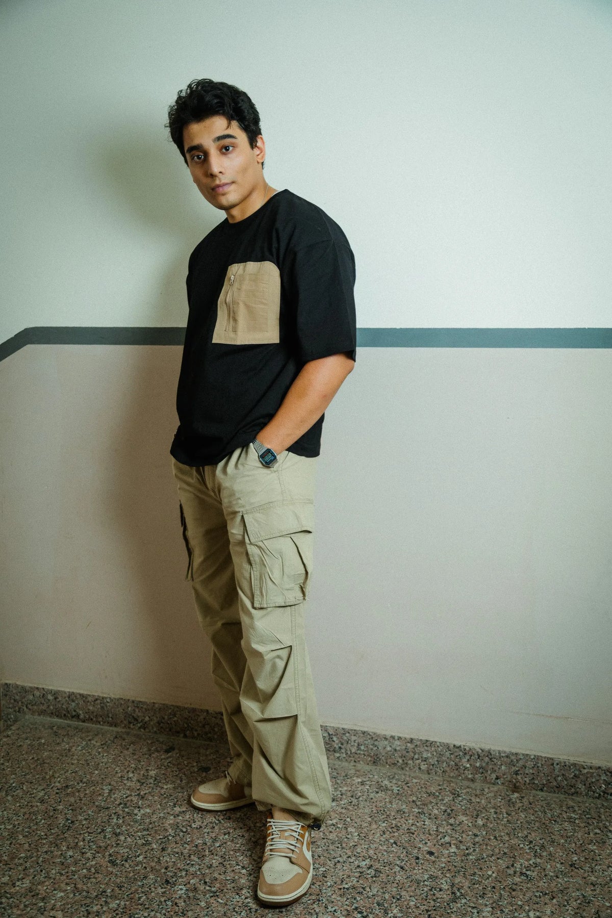 Men’s Black Oversized Cotton T-Shirt with Utility Beige Zip Pocket