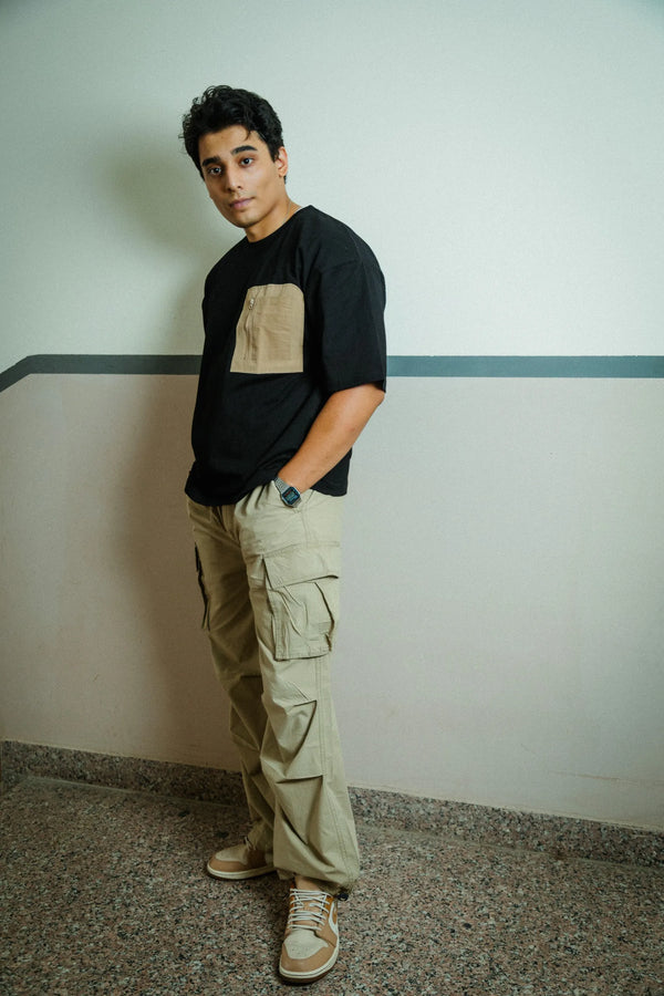 Men’s Black Oversized Cotton T-Shirt with Utility Beige Zip Pocket