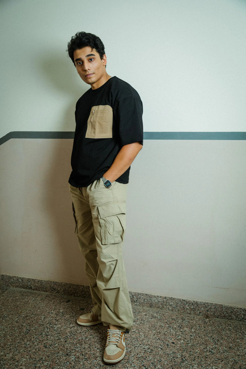 Men’s Black Oversized Cotton T-Shirt with Utility Beige Zip Pocket