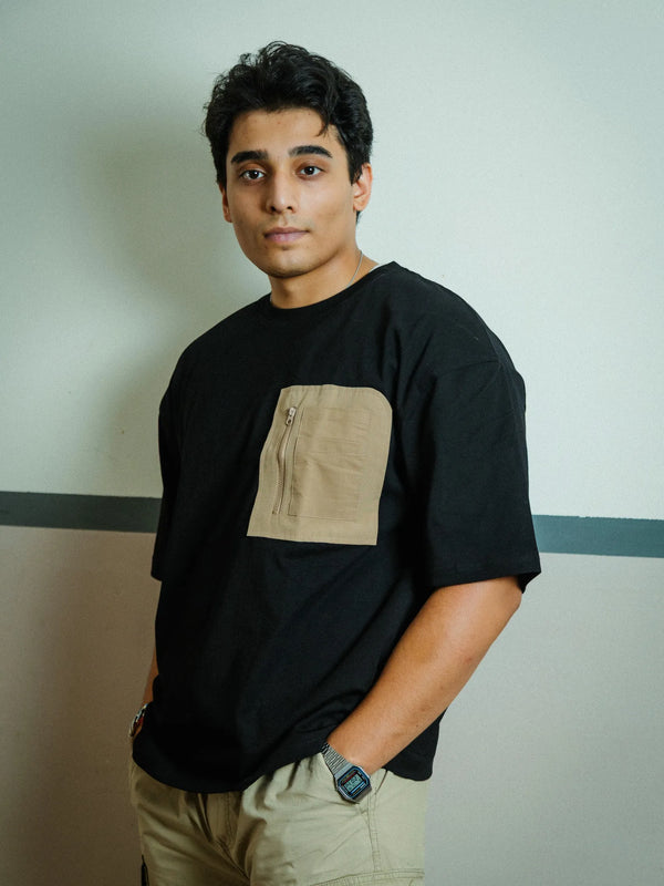 Men’s Black Oversized Cotton T-Shirt with Utility Beige Zip Pocket