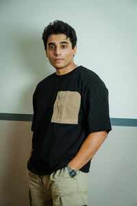 Men’s Black Oversized Cotton T-Shirt with Utility Beige Zip Pocket