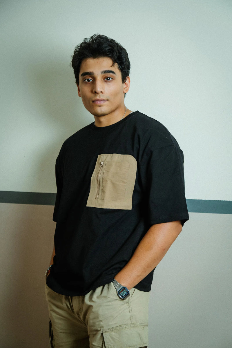 Men’s Black Oversized Cotton T-Shirt with Utility Beige Zip Pocket