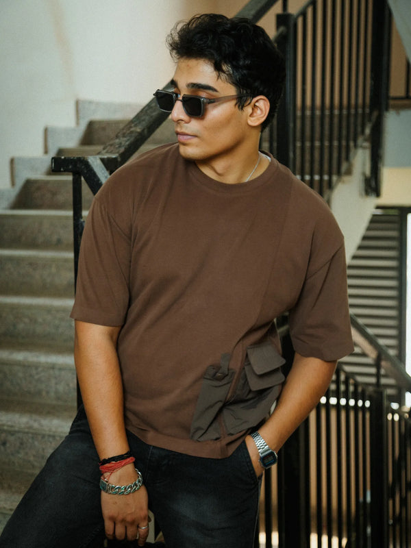 Men’s Brown Oversized Cotton T-Shirt with Dual Utility Pockets