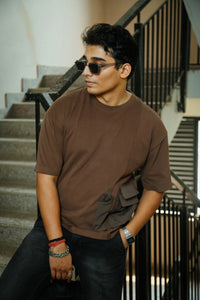 Men’s Brown Oversized Cotton T-Shirt with Dual Utility Pockets