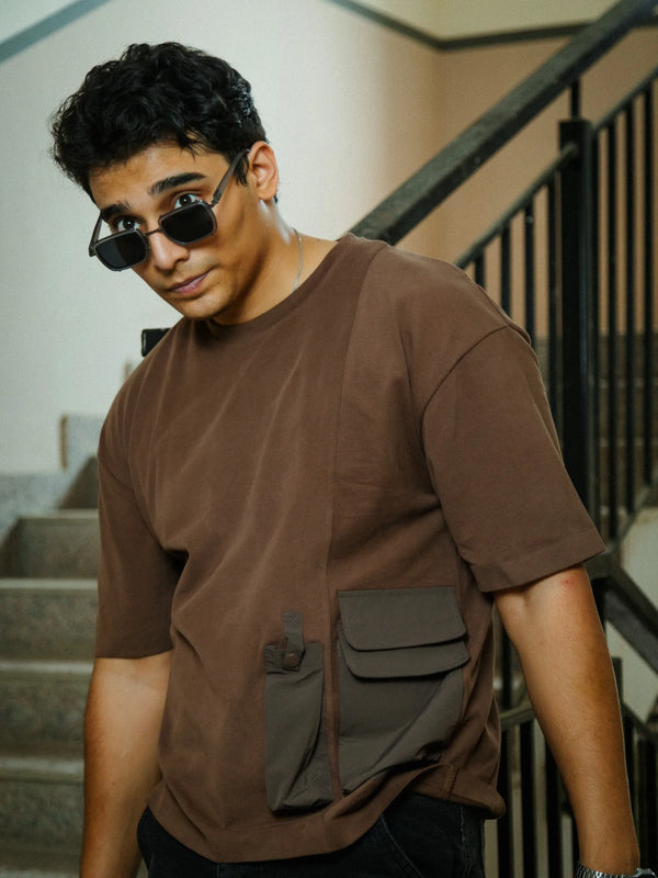 Men’s Brown Oversized Cotton T-Shirt with Dual Utility Pockets