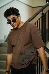 Men’s Brown Oversized Cotton T-Shirt with Dual Utility Pockets