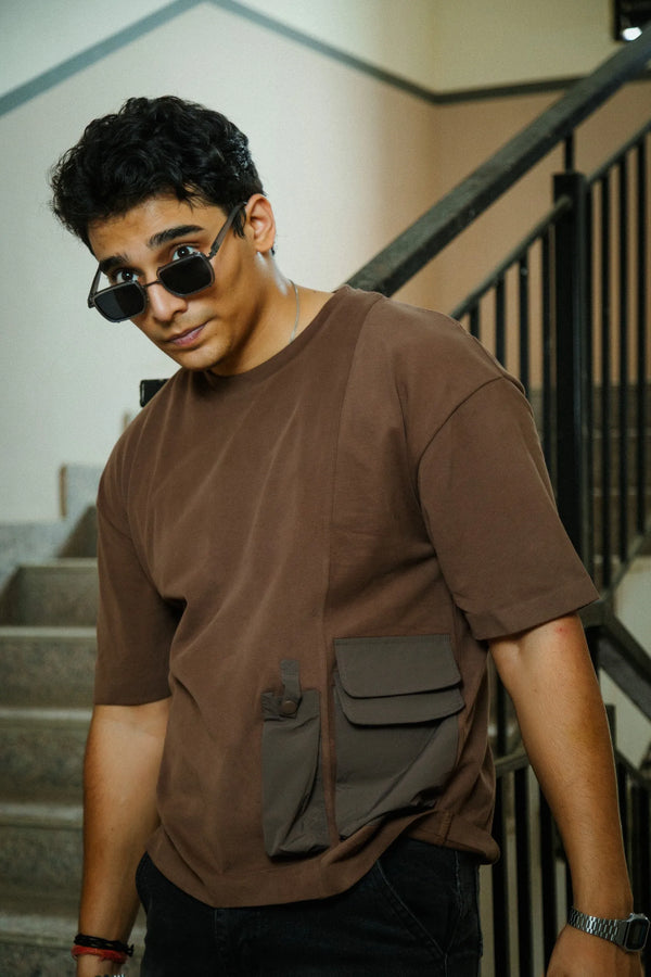 Men’s Brown Oversized Cotton T-Shirt with Dual Utility Pockets