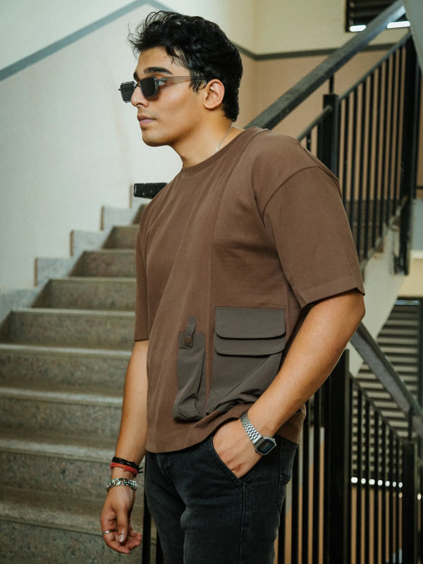Men’s Brown Oversized Cotton T-Shirt with Dual Utility Pockets