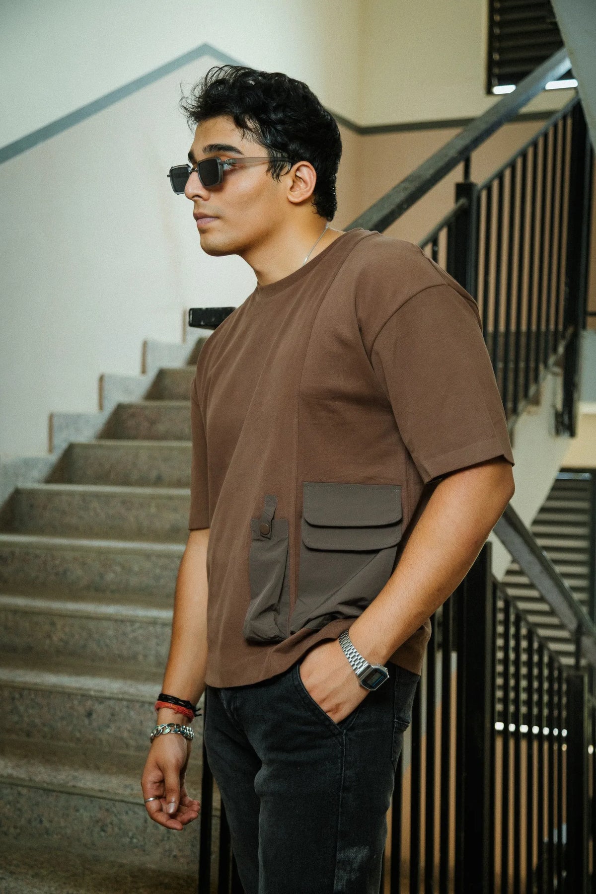 Men’s Brown Oversized Cotton T-Shirt with Dual Utility Pockets