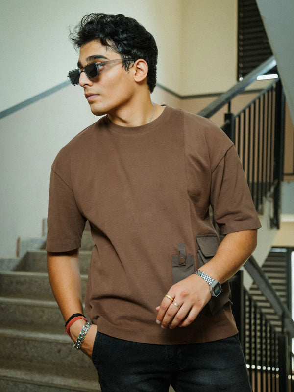 Men’s Brown Oversized Cotton T-Shirt with Dual Utility Pockets