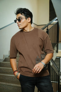 Men’s Brown Oversized Cotton T-Shirt with Dual Utility Pockets