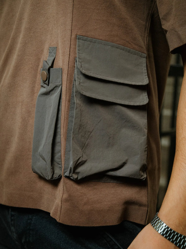 Men’s Brown Oversized Cotton T-Shirt with Dual Utility Pockets