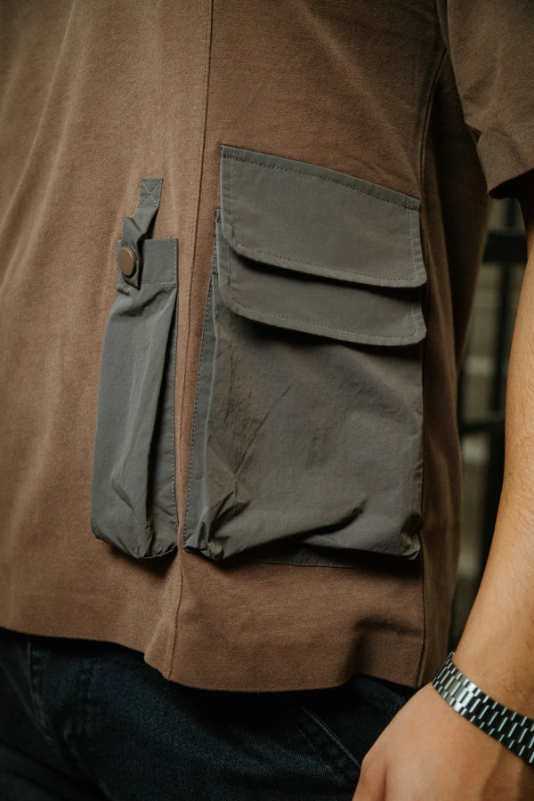 Men’s Brown Oversized Cotton T-Shirt with Dual Utility Pockets