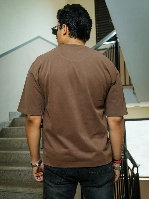 Men’s Brown Oversized Cotton T-Shirt with Dual Utility Pockets