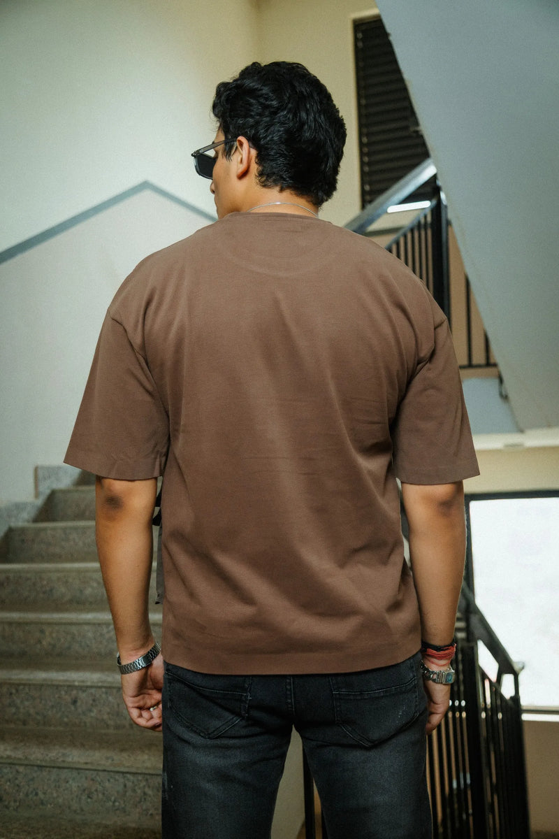 Men’s Brown Oversized Cotton T-Shirt with Dual Utility Pockets
