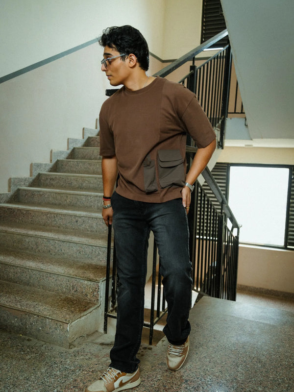 Men’s Brown Oversized Cotton T-Shirt with Dual Utility Pockets
