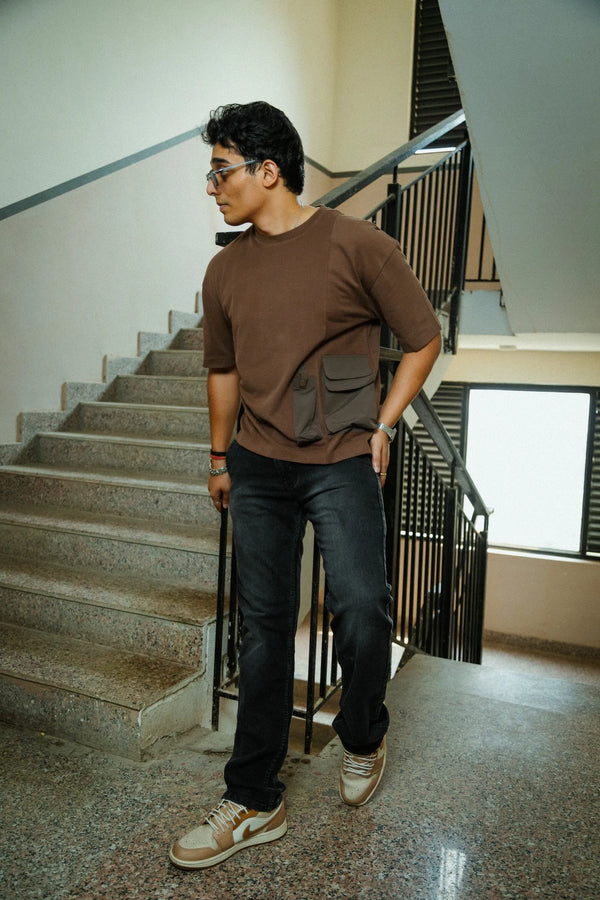 Men’s Brown Oversized Cotton T-Shirt with Dual Utility Pockets