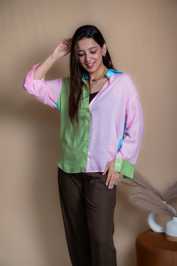 Women Colour Block Oversized Shirt