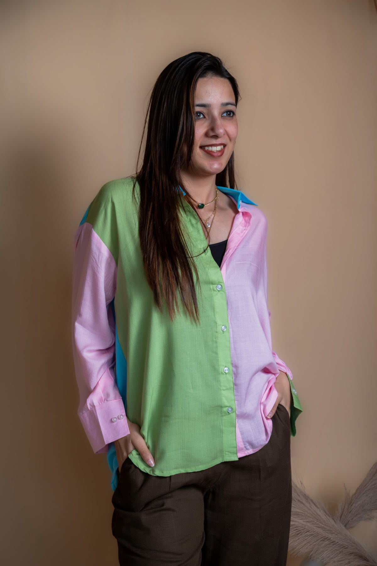 Women Colour Block Oversized Shirt