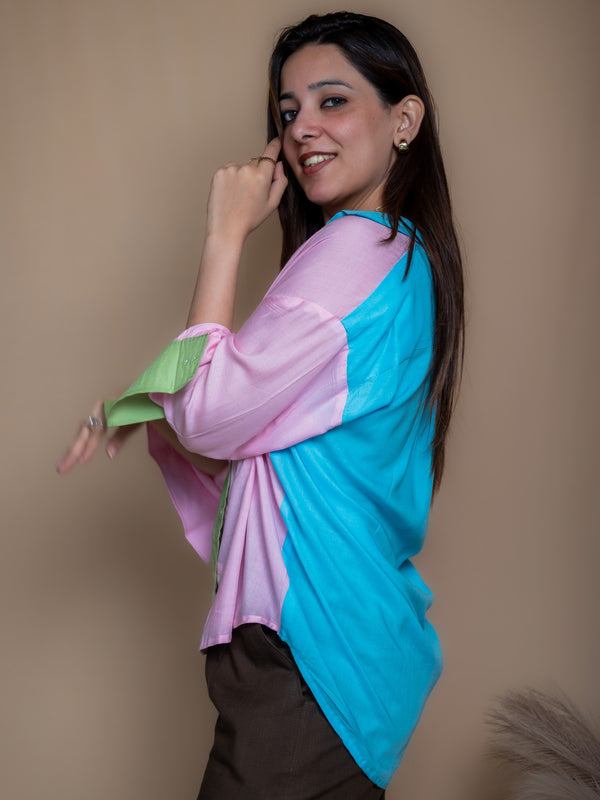 Women Colour Block Oversized Shirt