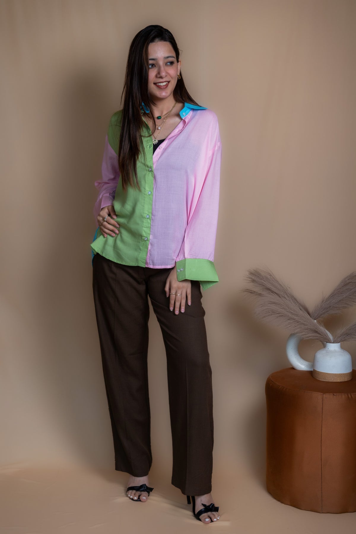 Women Colour Block Oversized Shirt
