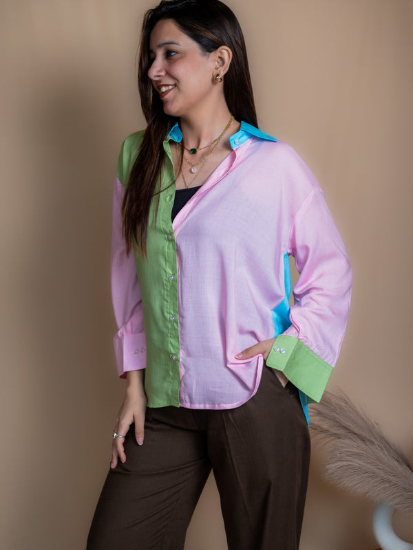 Women Colour Block Oversized Shirt