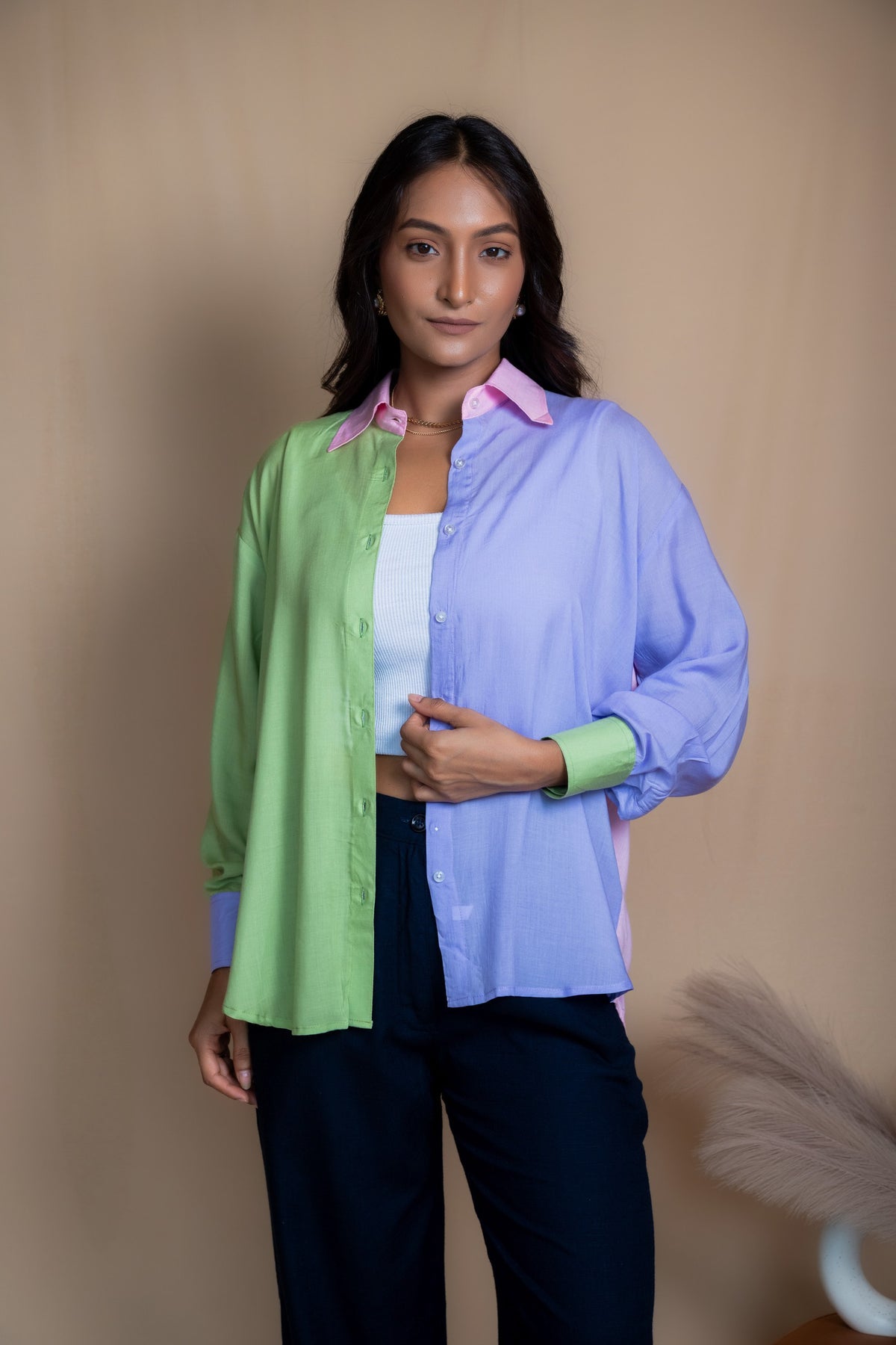 Women Colour Block Oversized Shirt