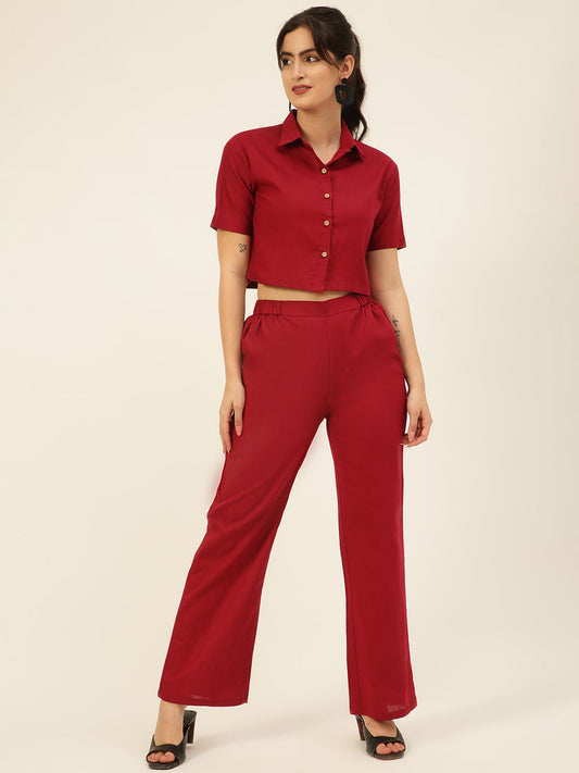 Premium Maroon Cotton Linen Crop Shirt & Trouser Slim Fit Co-ord Set