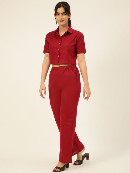 Premium Maroon Cotton Linen Crop Shirt & Trouser Slim Fit Co-ord Set