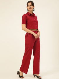 Cotton Linen Crop Shirt & Trouser Slim Fit Co-ord Set (Red)