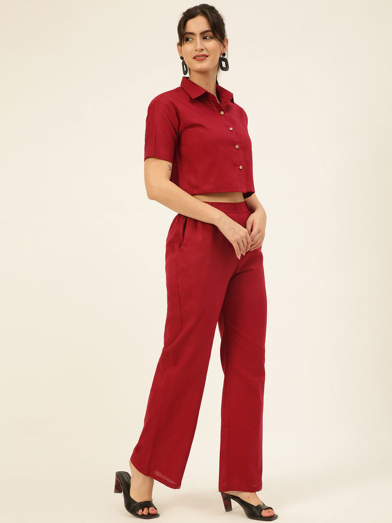 Cotton Linen Crop Shirt & Trouser Slim Fit Co-ord Set (Red)