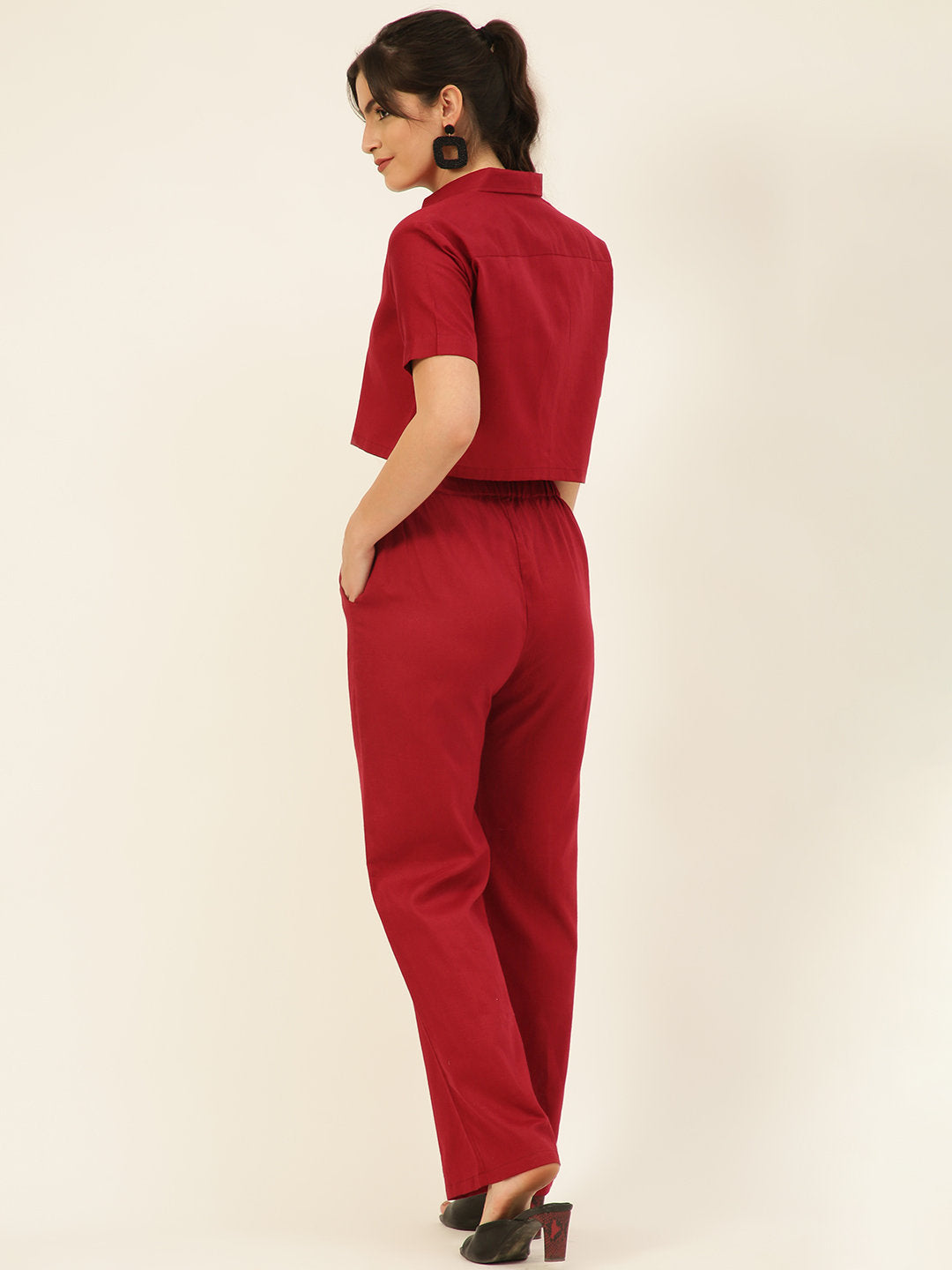 Cotton Linen Crop Shirt & Trouser Slim Fit Co-ord Set (Red)