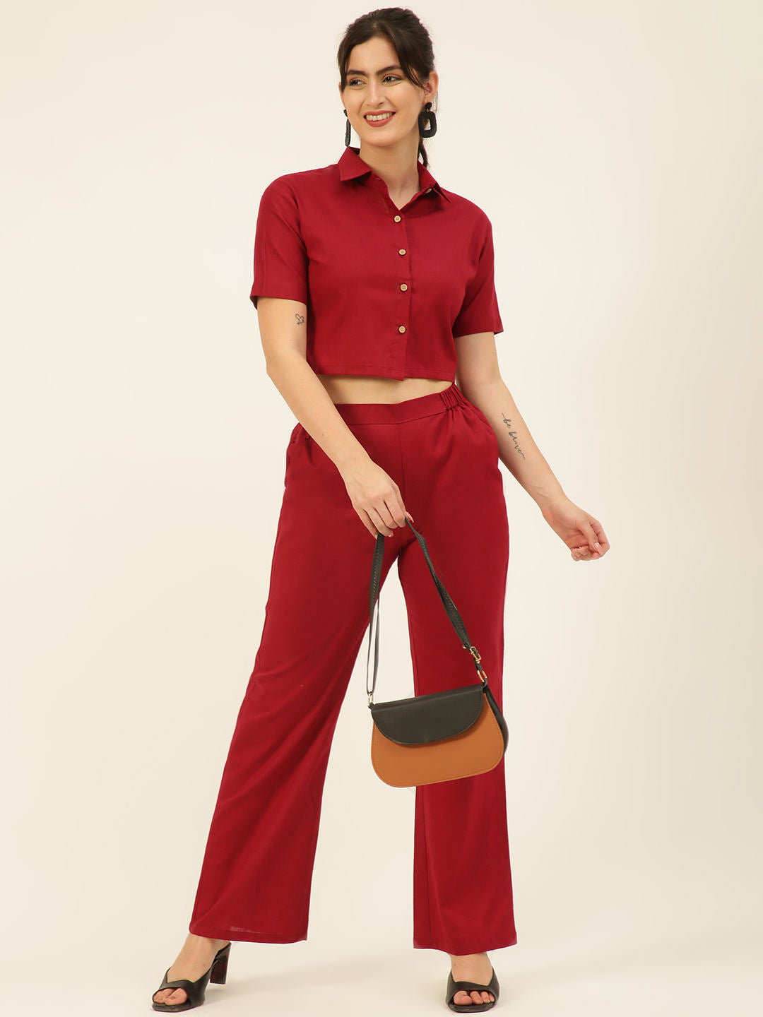 Premium Maroon Cotton Linen Crop Shirt & Trouser Slim Fit Co-ord Set