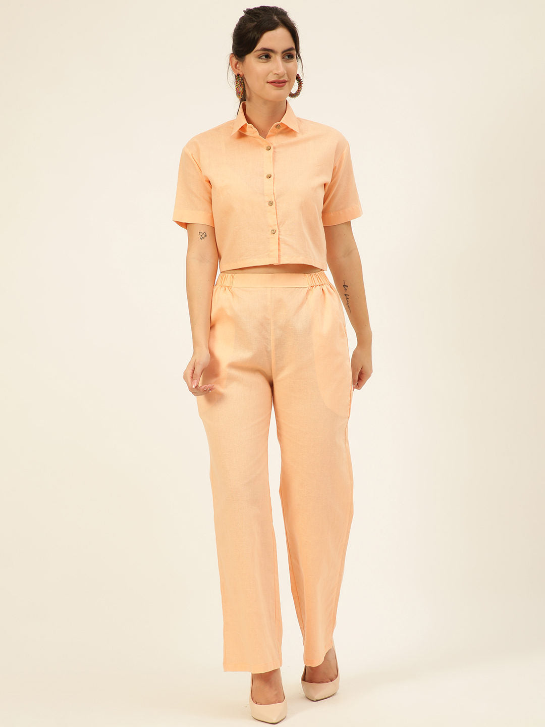 Cotton Linen Crop Shirt & Trouser Slim Fit Co-ord Set (Red)