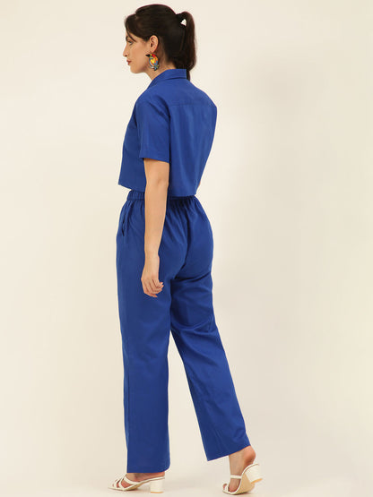 Premium Blue Cotton Linen Crop Shirt & Trouser Slim Fit Co-ord Set