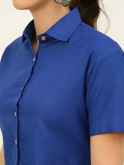 Premium Blue Cotton Linen Crop Shirt & Trouser Slim Fit Co-ord Set