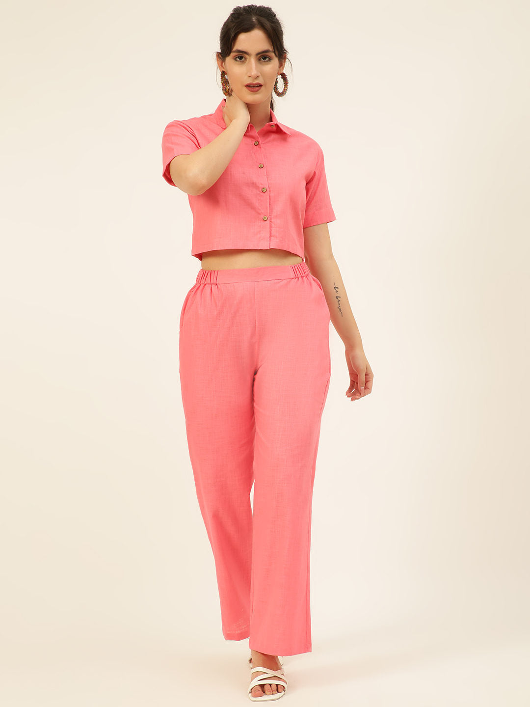 Cotton Linen Crop Shirt & Trouser Slim Fit Co-ord Set (Red)