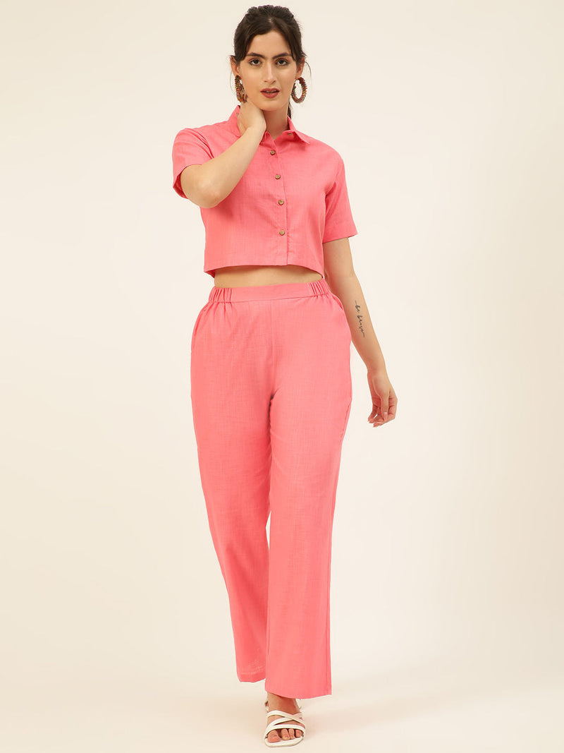 Cotton Linen Crop Shirt & Trouser Slim Fit Co-ord Set (Red)