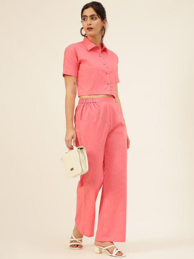 Cotton Linen Crop Shirt & Trouser Slim Fit Co-ord Set (Red)