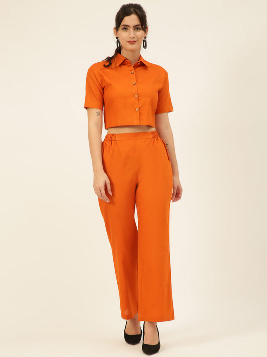 Premium Rust Cotton Linen Crop Shirt & Trouser Slim Fit Co-ord Set