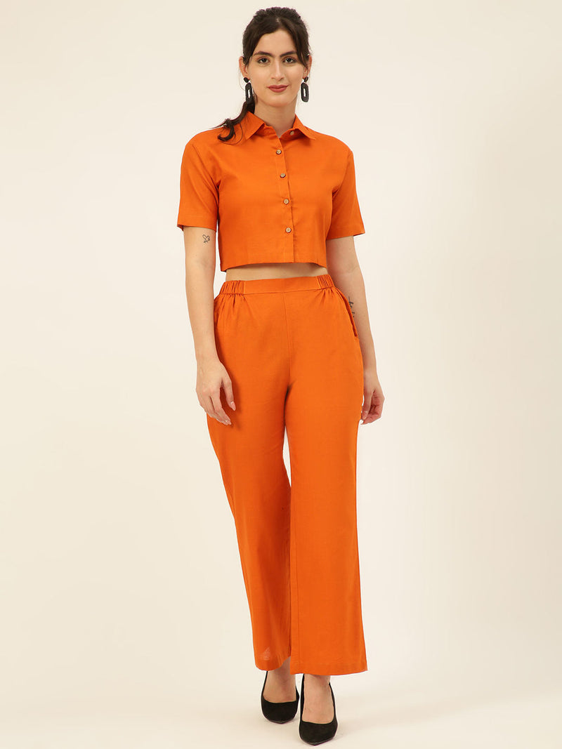 Cotton Linen Crop Shirt & Trouser Slim Fit Co-ord Set (Red)