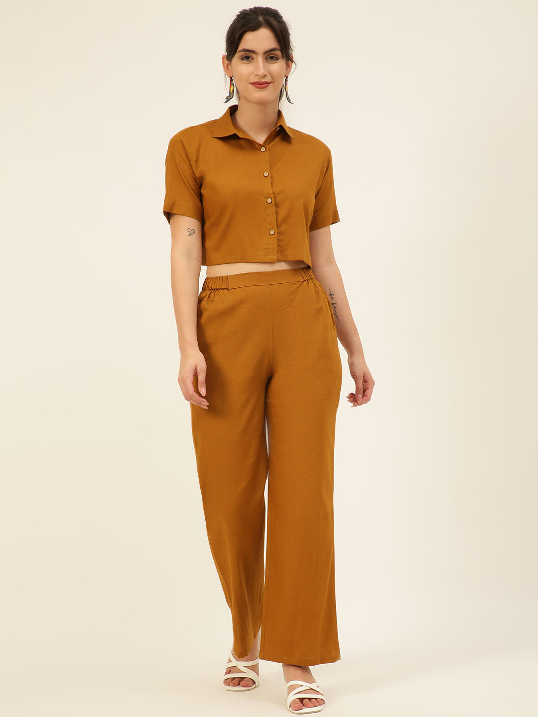 Premium Mustard Cotton Linen Crop Shirt & Trouser Slim Fit Co-ord Set