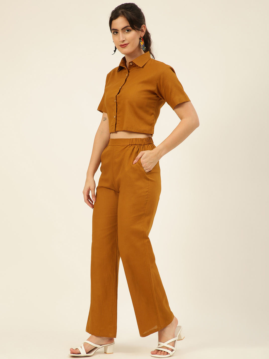 Cotton Linen Crop Shirt & Trouser Slim Fit Co-ord Set (Red)